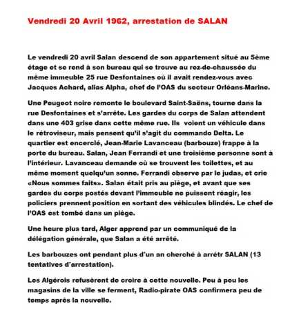 VENDREDI 20 AVRIL 
 Arrestation de SALAN 