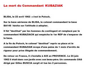  La mort du commandant 
KUBAZIAK le 24 juin 1962
