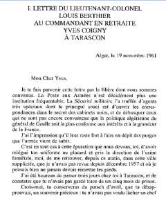   Lette du colonel BERTHIER
au Commandant Yves COIGNY
19 Novembre 1961
