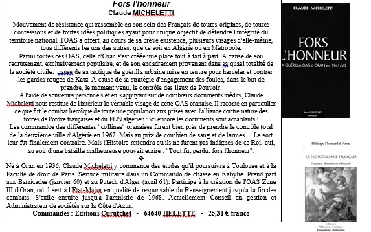  FORS L'HONNEUR 
---- 
Claude MICHELETTI
