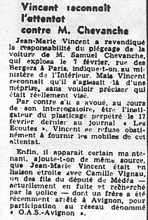   Jean-Marie VINCENT  
---- 
Plasticage de la voiture 
de Samuel CHEVANCHE
Plasticage du journal "Aux Ecoutes"
