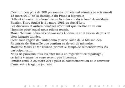  MARSEILLE - 13 Mars 2017
 Hommage au Colonel 
Jean-Marie BASTIEN-THIRY
