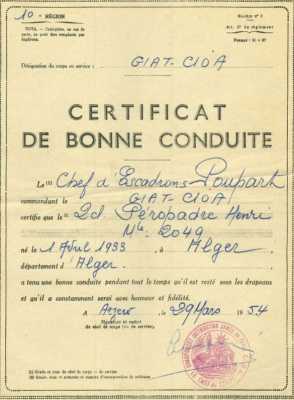  Henri PEROPADRE 
Certificat de bonne conduite
au GIAT - CIOA
Chef d'escadron POUPART