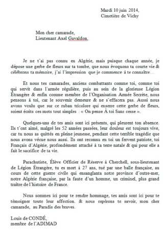  lieutenant Axel GAVALDON 
---- 
VICHY le 10 Juin 2014
Discours de Louis De CONDE
